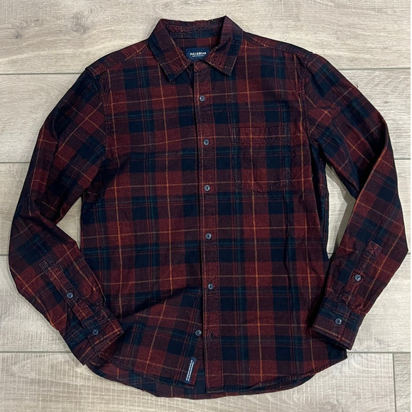 Pull & Bear Plaid Corduroy Button-Down Shirt Maroon/Navy Mens Small Regular Fit - Picture 1 of 3